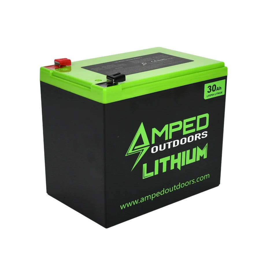 AMPED OUTDOORS - 30Ah Lithium Battery (LiFePO4) Wide & 3A Charger